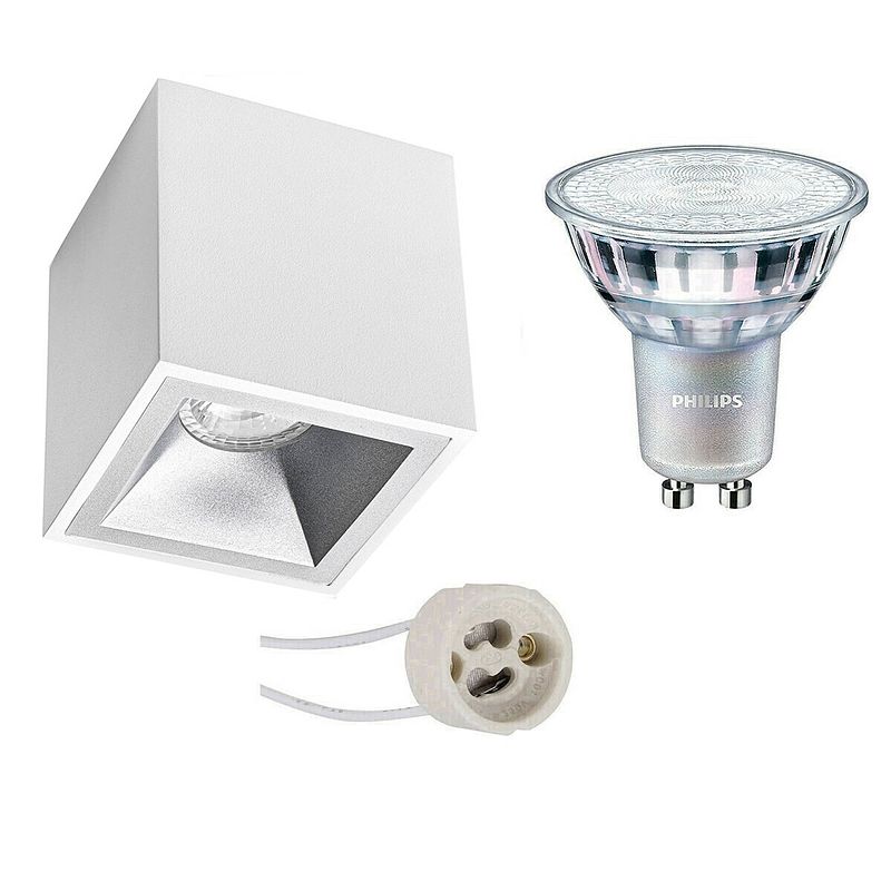 Foto van Opbouwspot set - pragmi cliron pro - gu10 fitting - opbouw vierkant - mat wit/zilver - verdiept - 90mm - philips -