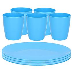 Foto van Kunststof ontbijt/diner 6x bordjes 26 cm en 5x bekertjes 300 ml set blauw - campingborden