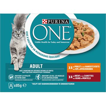 Foto van Purina one adult met kip en sperziebonen met rund en wortels 8 x 85g bij jumbo