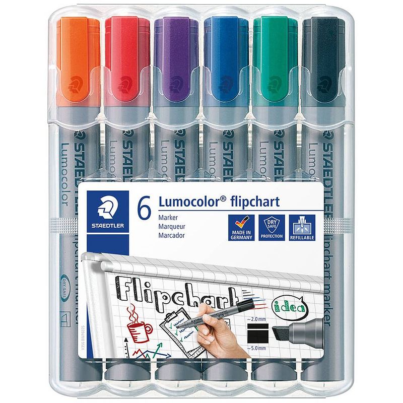 Foto van Staedtler 356 b wp6 flipchartmarker lumocolor® flipchart marker 356 b 2 - 5 mm zwart, blauw, rood, groen, oranje, lila 6 stuk(s)