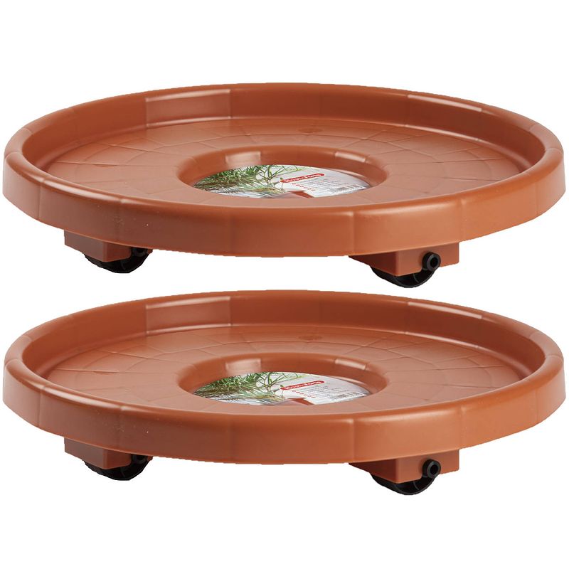 Foto van Set van 2x stuks planten trolley/multiroller rond bruin kunststof 34 cm - planten onderzetter