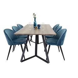 Foto van Marinagrbl eethoek eetkamertafel el hout decor grijs en 6 velvet eetkamerstal velours blauw, zwart.