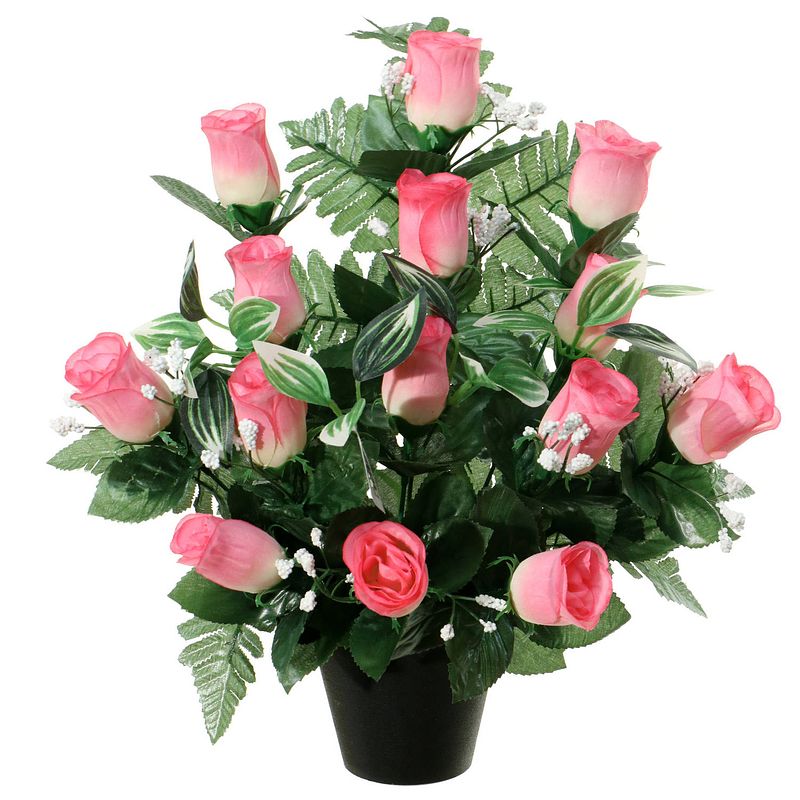 Foto van Louis maes kunstbloemen in pot - lichtroze - h35 cm - bloemstuk ornament - rozen/gipskruid met bladgroen - kunstbloemen