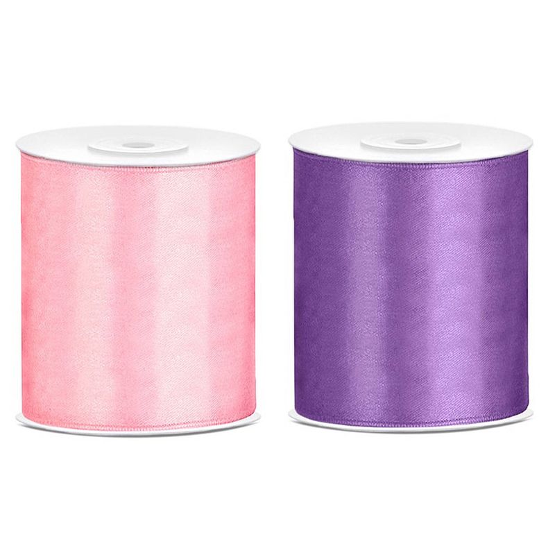 Foto van 2x rollen hobby decoratie satijnlint paars-roze 10 cm x 25 meter - cadeaulinten