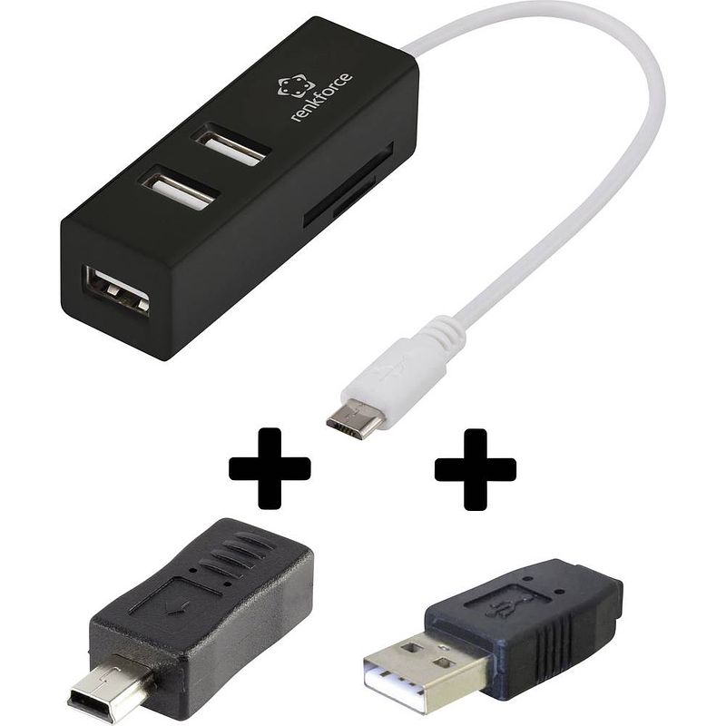 Foto van Renkforce renkforce 3 poorten usb 2.0-hub met ingebouwde sd-kaartlezer, met otg-functie zwart