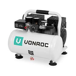 Foto van Vonroc stille compressor - olievrij - 750w - 1pk - 128 l/min. - 6 liter - 8 bar - 57,5db(a) - silent - low noise - wit