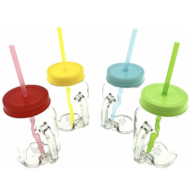 Foto van Drinkglas met rietje en deksel - pul - mason jar- 400 ml - 4 stuks