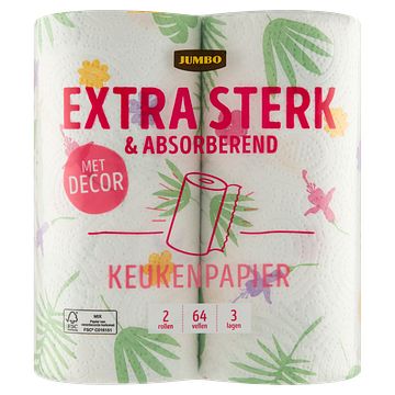 Foto van Jumbo extra sterk & absorberend keukenpapier met decor 3laags 2 rollen