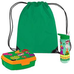 Foto van Crazy dino lunchbox set voor kinderen - 3-delig - groen - kunststof - incl. gymtas/schooltas - lunchboxen