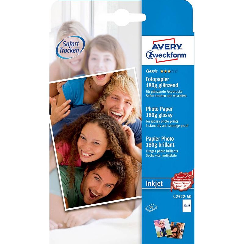 Foto van Avery-zweckform classic photo paper inkjet c2522-60 fotopapier 10 x 15 cm 180 g/m² 60 vellen glanzend