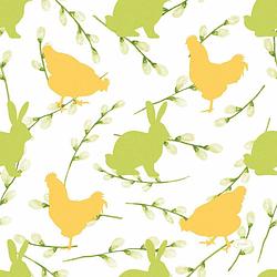 Foto van 40x stuks paasdecoratie paaskonijnen en hanen servetten 33 x 33 cm geel / groen print - feestservetten