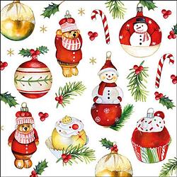 Foto van 40x stuks kerstdiner/kerst thema servetten met kerstornamenten 33 x 33 cm - feestservetten