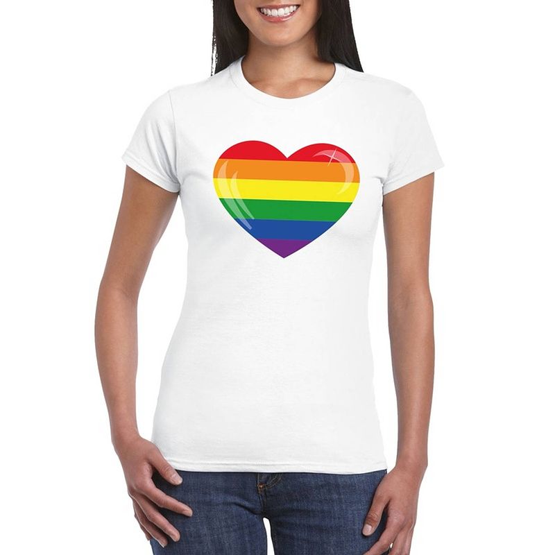 Foto van Gay pride t-shirt regenboog vlag in hart wit dames xs - feestshirts