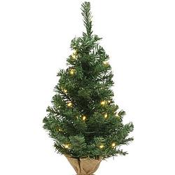 Foto van Kerst kerstbomen groen in jute zak met verlichting 45 cm - kunstkerstboom