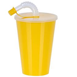 Foto van Juypal drinkbeker met deksel en rietje - geel - kunststof - 450 ml - 12 x 9 cm - drinkbekers