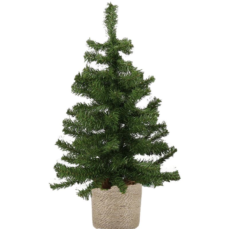 Foto van Kunst kerstboom/kunstboom groen 60 cm met naturel jute pot - kunstkerstboom