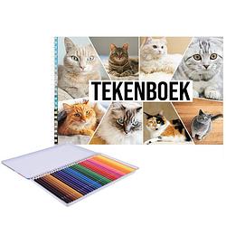 Foto van A4 formaat katten schetsboek/ tekenboek/ kleurboek/ schetsblok wit papier met 36x kleurpotloden - schetsboeken