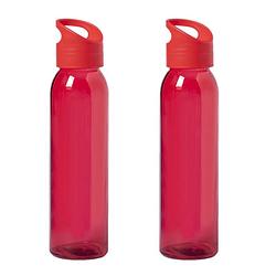 Foto van 2x stuks glazen waterfles/drinkfles rood transparant met schroefdop met handvat 470 ml - drinkflessen
