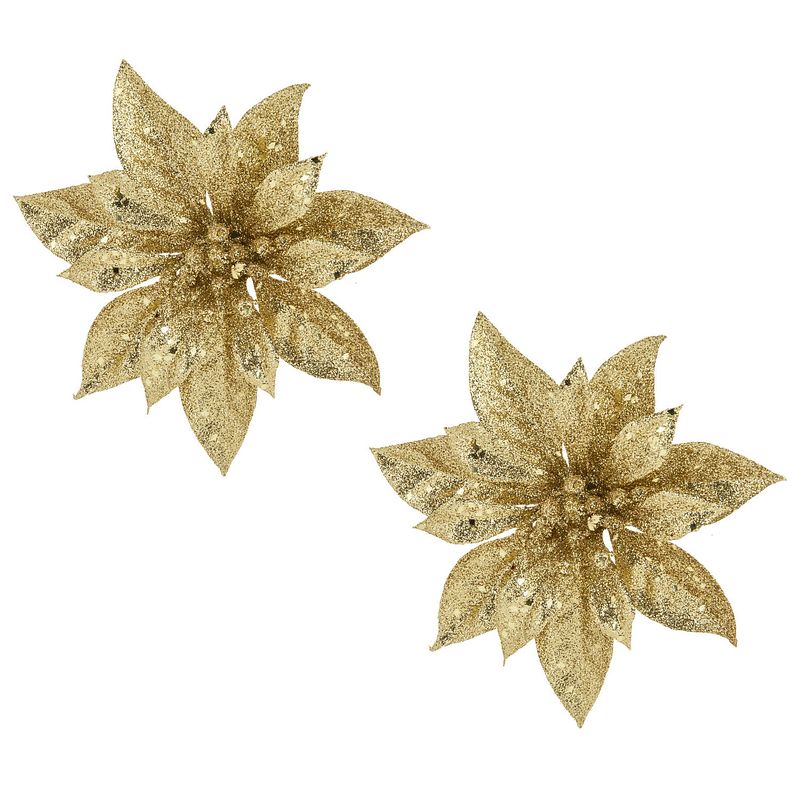 Foto van 2x stuks decoratie bloemen kerstster goud glitter op clip 15 cm - kersthangers
