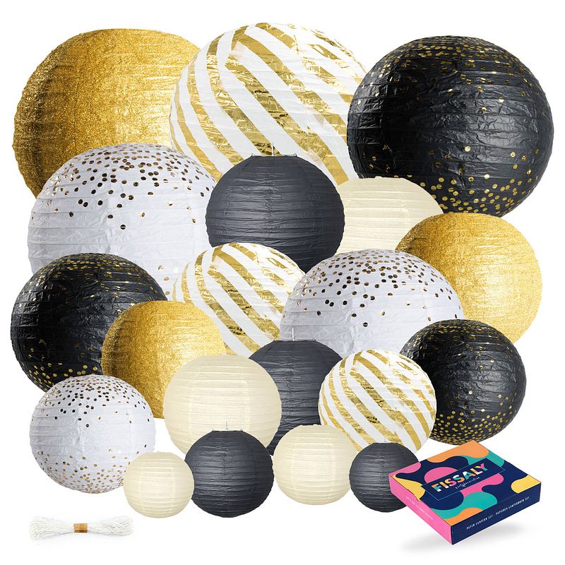 Foto van Fissaly® 20 stuks lampionnen set versiering zwart, goud & wit - feest decoratie - bruiloft, trouwen & verjaardag