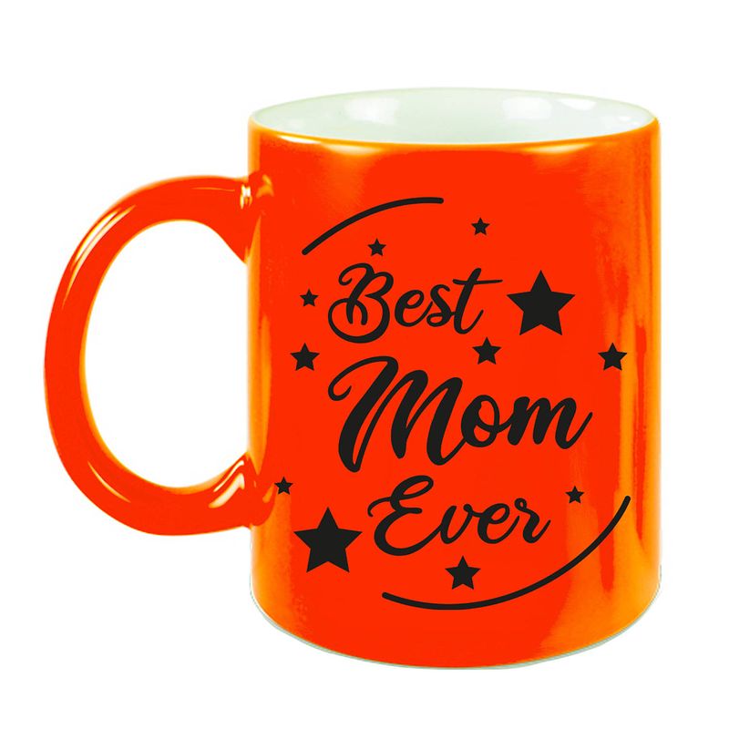 Foto van Best mom ever cadeau koffiemok / theebeker neon oranje 330 ml - feest mokken