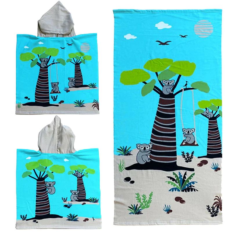 Foto van Set van bad cape/poncho met strand/badlaken microvezel - strandhanddoeken voor kinderen met koalas - badcapes