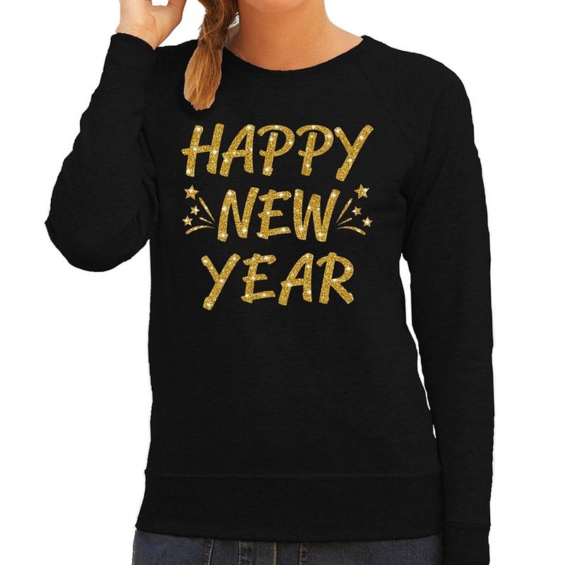 Foto van Jaarwisseling trui / sweater happy new year goud op zwart voor dames 2xl (44) - feesttruien