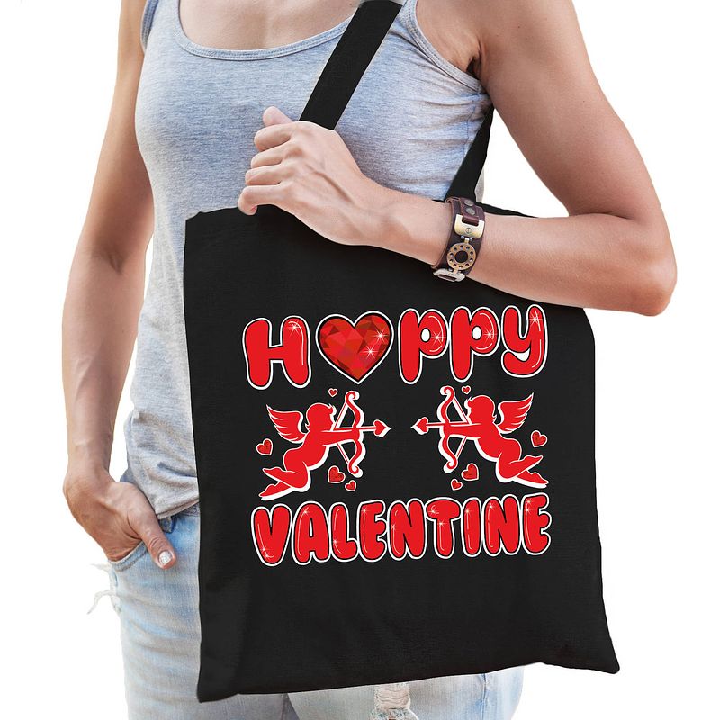 Foto van Cadeau tasje valentijn - happy valentine - zwart katoen - feest boodschappentassen