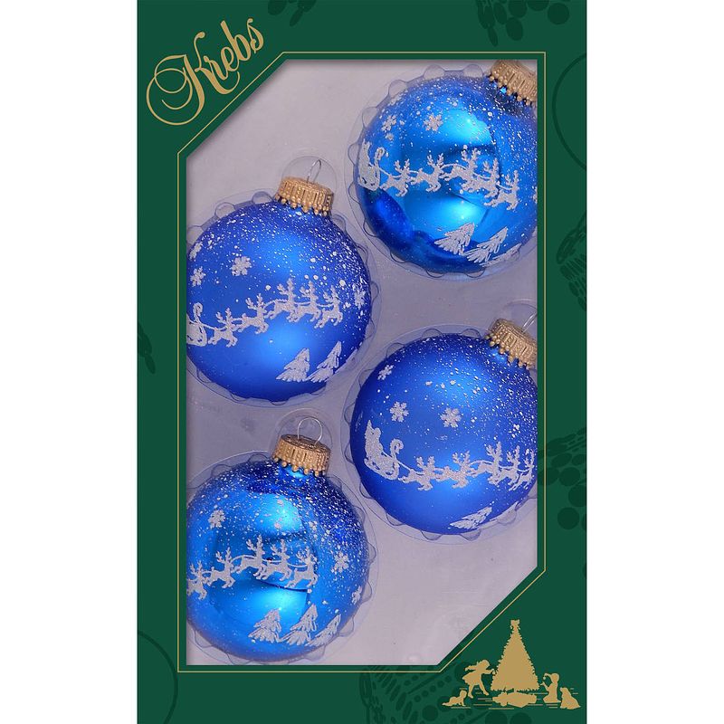 Foto van 4x stuks luxe glazen kerstballen 7 cm blauw met witte slee - kerstbal