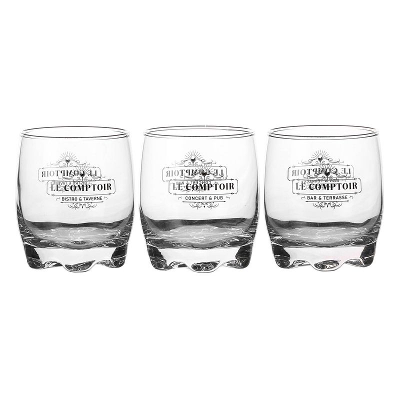 Foto van Urban living whisky/water/drinkglazen comptoir - gedecoreerd glas - 3x stuks - 290 ml - whiskeyglazen