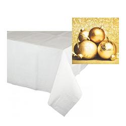 Foto van Kerst thema tafelkleed/tafellaken met servetten set goud en wit - tafellakens