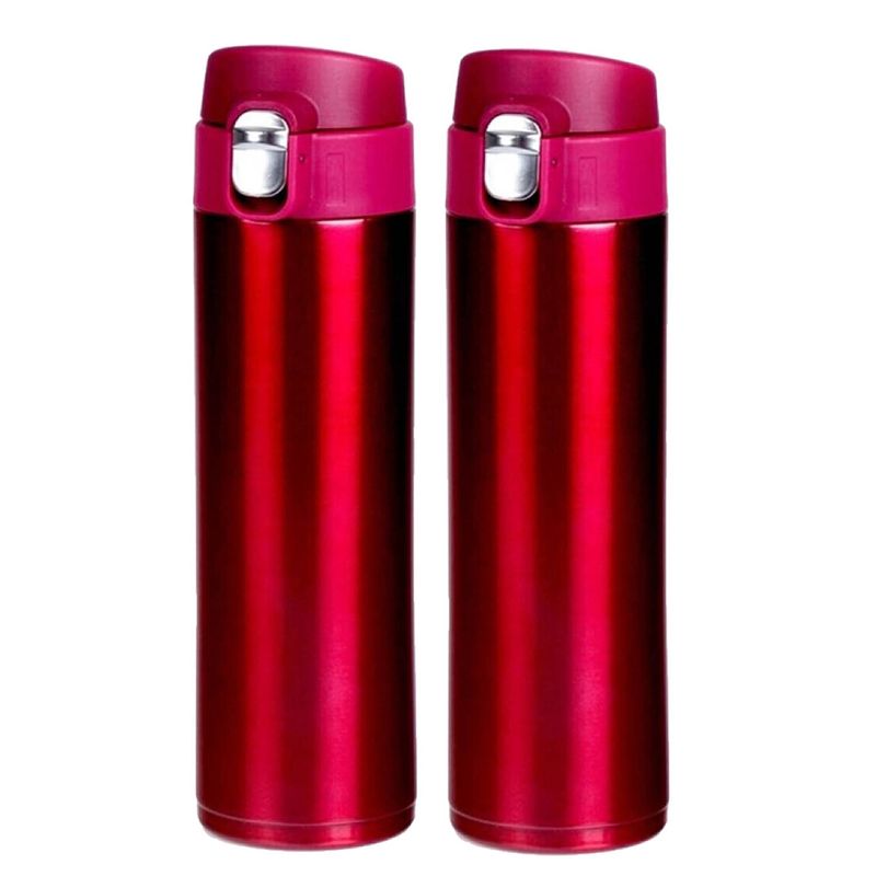 Foto van 2x stuks rvs thermosflessen / isoleerflessen voor onderweg 450 ml fuchsia roze - thermosflessen