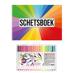 Foto van A4 kleuren waaier schetsboek/ tekenboek/ kleurboek/ schetsblok wit papier met 36 stiften - schetsboeken