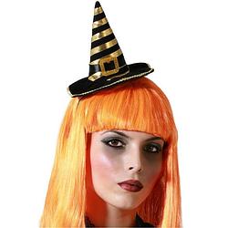 Foto van Halloween heksenhoed - mini hoedje op diadeem - one size - zwart/oranje - meisjes/dames - verkleedhoofddeksels