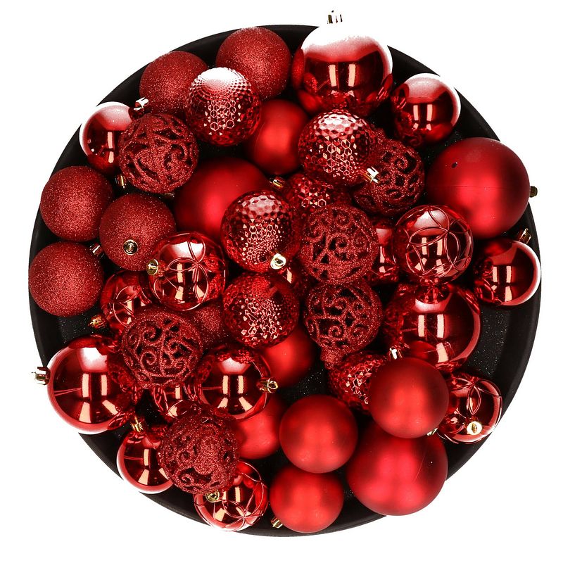 Foto van Kerstversiering kunststof kerstballen rood 6-8-10 cm pakket van 59x stuks - kerstbal