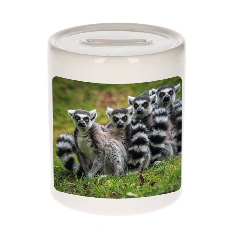 Foto van Dieren foto spaarpot maki familie 9 cm - maki apen spaarpotten jongens en meisjes - spaarpotten