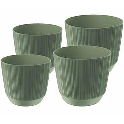 Foto van Prosperplast plantenpotten/bloempotten carf stripe - groen - 4x stuks - kunststof - dia 13 en 17 cm - plantenpotten