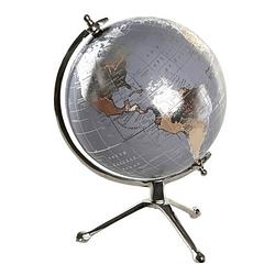 Foto van Items deco wereldbol/globe op voet - kunststof - blauw/zilver - home decoratie artikel - d20 x h30 cm - wereldbollen