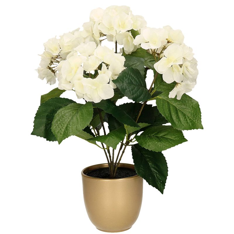 Foto van Hortensia kunstplant/kunstbloemen 40 cm - wit - in pot goud mat - kunstplanten