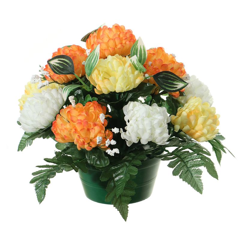 Foto van Louis maes kunstbloemen in pot - oranje/geel - d30 x h24 cm - bloemstuk ornament - crysanten met bladgroen - kunstbloeme