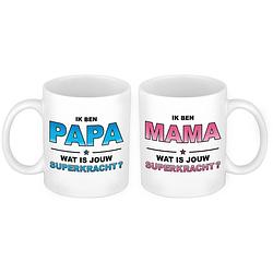 Foto van Papa en mama superkracht mok - cadeau beker set voor papa en mama - feest mokken