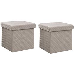 Foto van Atmosphera poef/hocker/voetenbankje - 2x - opbergbox - fluweel beige - po/mdf - 31 x 31 x 31 cm - poefs