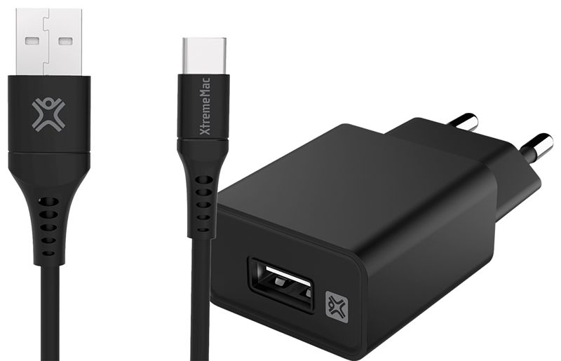 Foto van Xtrememac oplader 12w + usb c kabel 1m kunststof zwart