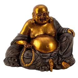 Foto van Dikke happy boeddha beeldje zittend - binnen/buiten - kunststeen - grijs/goud - 17 x 20 cm - beeldjes