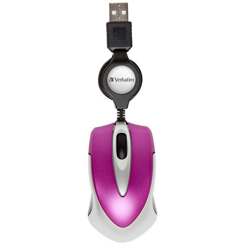 Foto van Verbatim go mini muis usb optisch pink 3 toetsen 1000 dpi met kabelroller