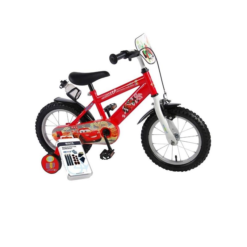 Foto van Volare kinderfiets disney cars - 14 inch - met bidonhouder - inclusief ways bandenplakset