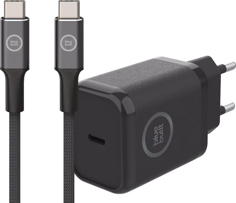 Foto van Bluebuilt power delivery oplader 30w + usb c kabel nylon zwart 3m