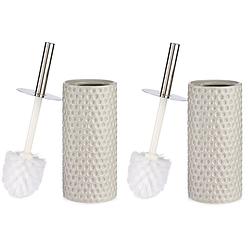 Foto van Set van 2x stuks toiletborstel/wc-borstel kiezelgrijs met stippen bamboe 31 cm - toiletborstels