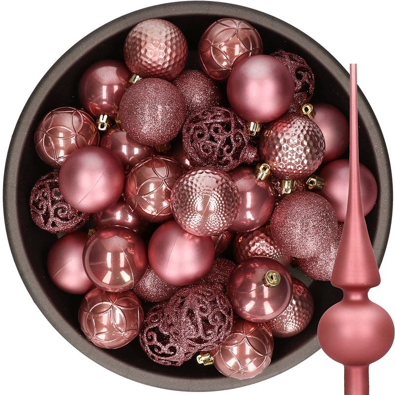 Foto van 37x stuks kunststof kerstballen 6 cm incl. glazen piek mat oudroze - kerstbal