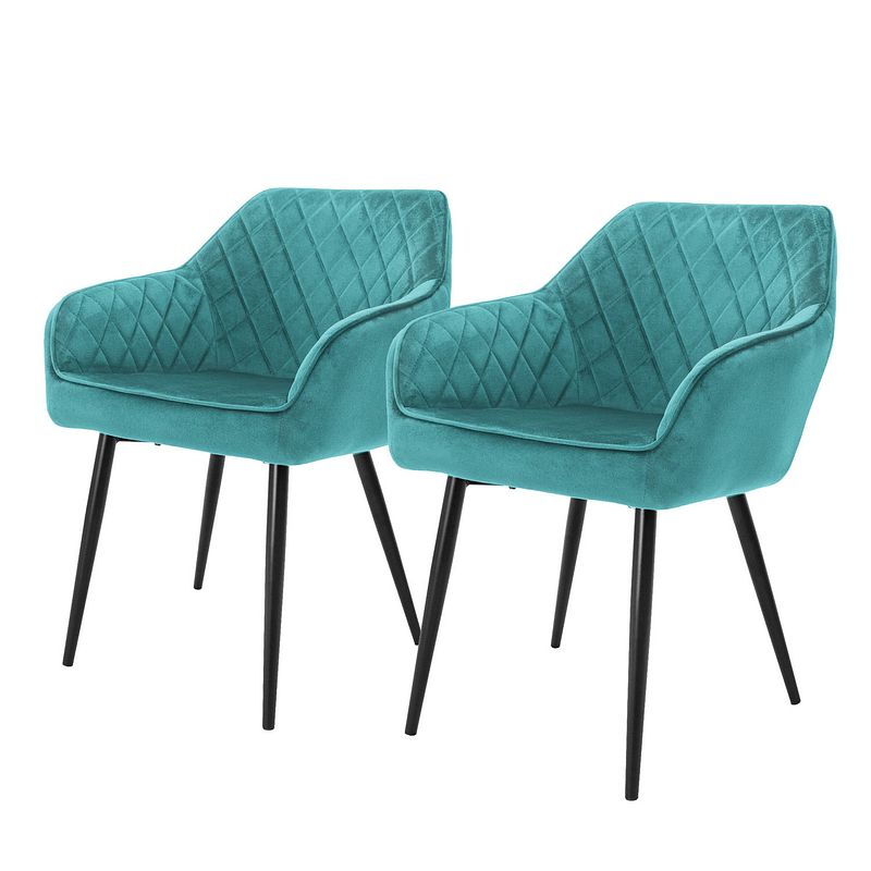 Foto van Eetkamerstoelen met rugleuning en armleuningen set van 2 turquoise fluwelen bekleding met metalen poten ml-design